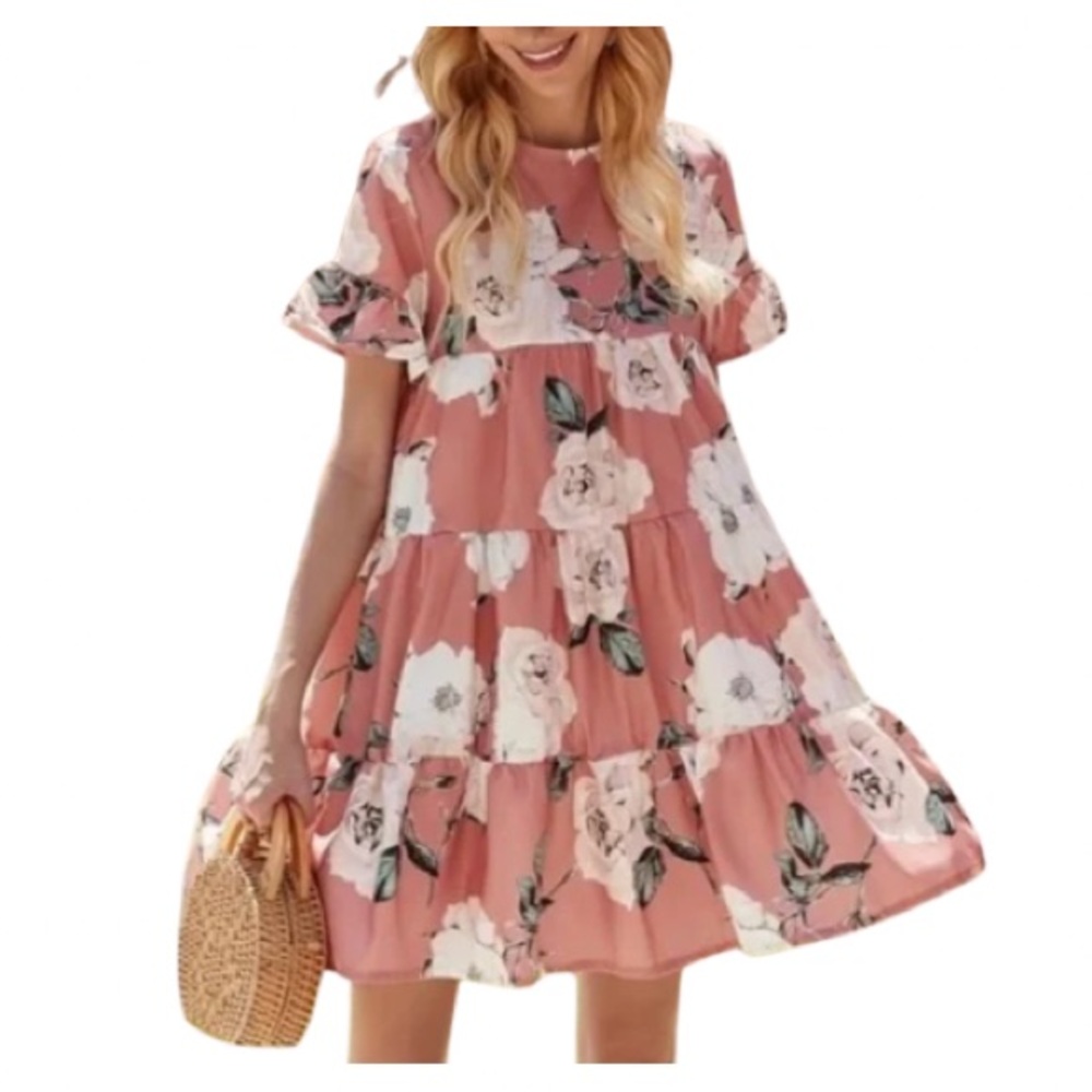 shein | Pink & White Floral Tier Summer Dress - Size M